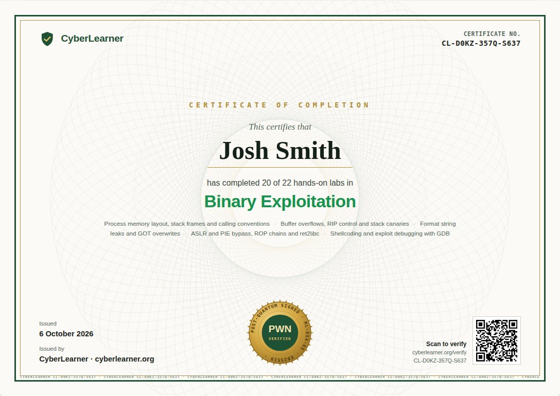 A CyberLearner certificate showing the holder's name, Binary Exploitation, 20 of 22 labs, a gold seal and a QR code