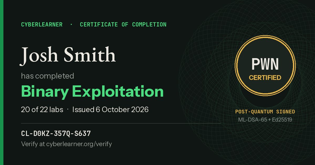 A CyberLearner certificate of completion in Binary Exploitation, marked post-quantum signed