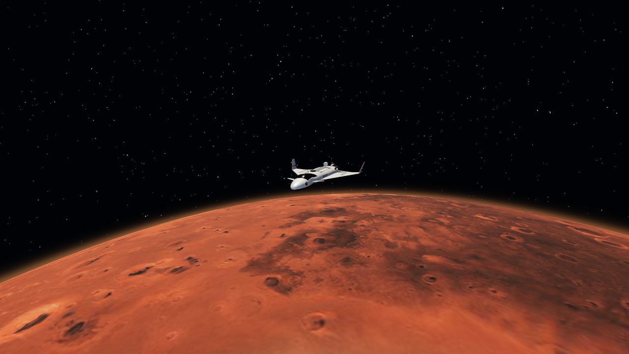 Spaceplane in low orbit above the curved, cratered limb of Mars