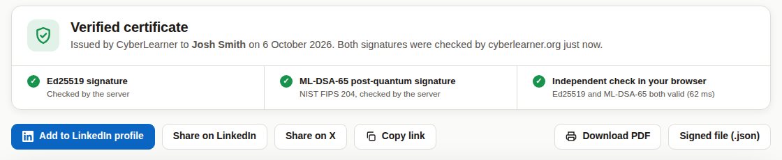 A verified certificate page showing three green checks for Ed25519, ML-DSA-65 and the browser check