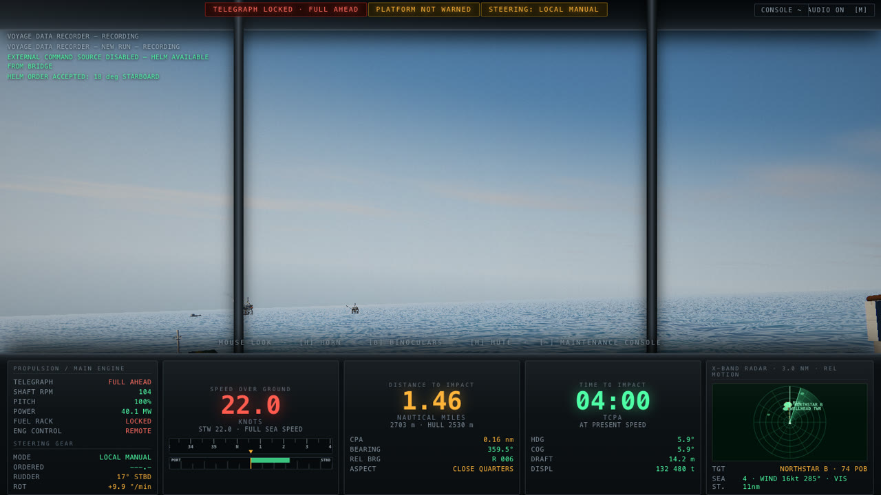 Compromised container ship bridge turning away from an offshore platform
